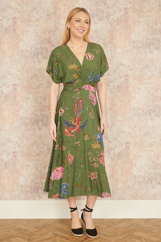 Yumi Green Bird and Floral Print Ruched Waist Kimono Midi Dress