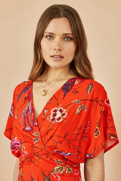 Yumi Orange Viscose Bird and Floral Print Kimono Midi Dress