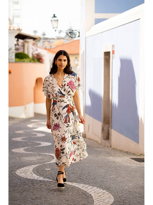 Yumi Ivory Bird and Floral Print Ruched Waist Kimono Midi Dress