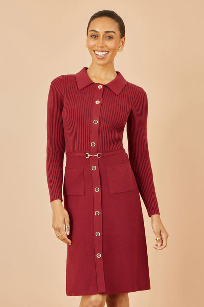 Yumi Burgundy Rib Knit Midi Shirt Dress With Snaffle Belt