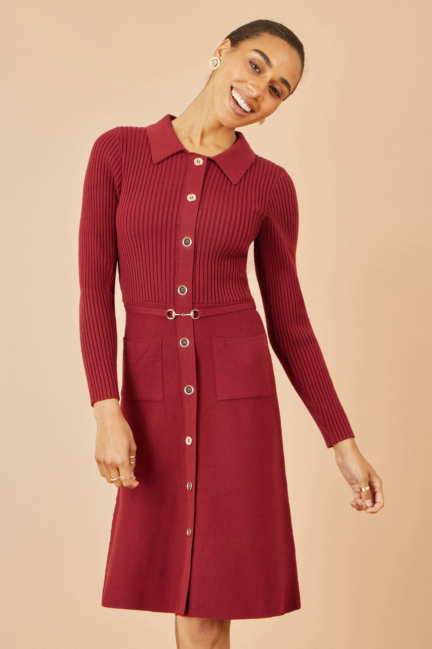 Yumi Burgundy Rib Knit Midi Shirt Dress With Snaffle Belt
