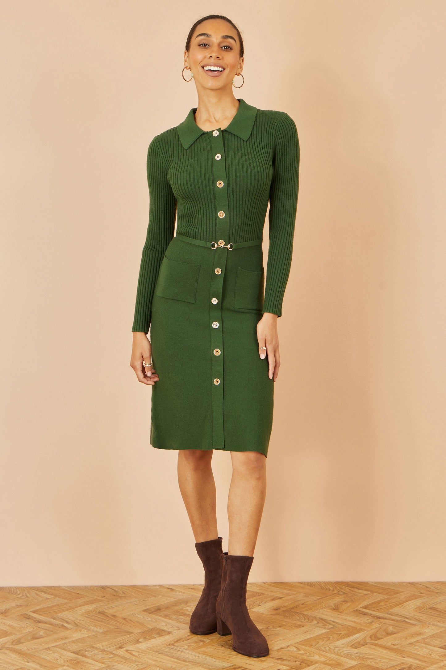 Yumi Green Rib Knit Midi Shirt Dress With Snaffle Belt