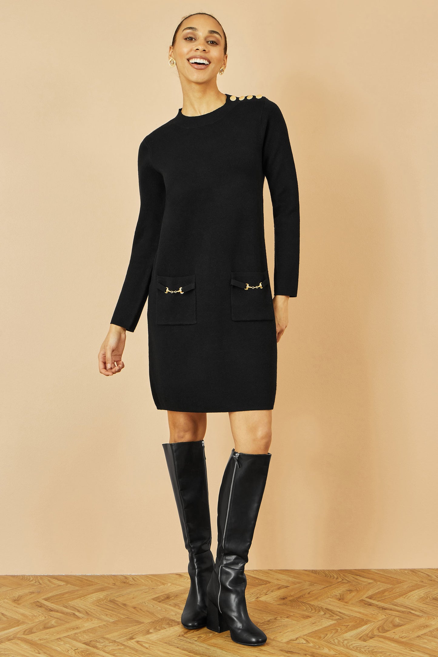 Yumi Black Knitted Tunic Dress With Gold Hardware Details