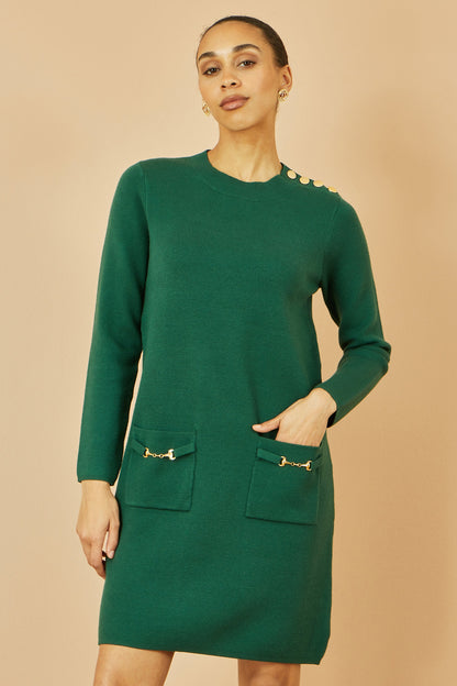 Yumi Green Knitted Tunic Dress With Gold Hardware Details