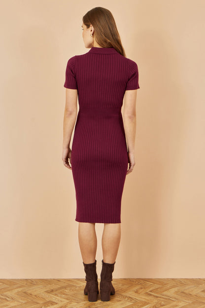 Yumi Burgundy Fitted Rib Knitted Midi Dress With Daisy Buttons