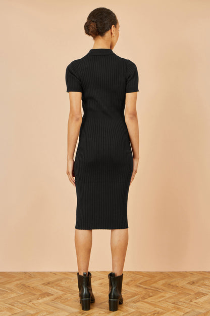 Yumi Black Fitted Rib Knitted Midi Dress With Daisy Buttons
