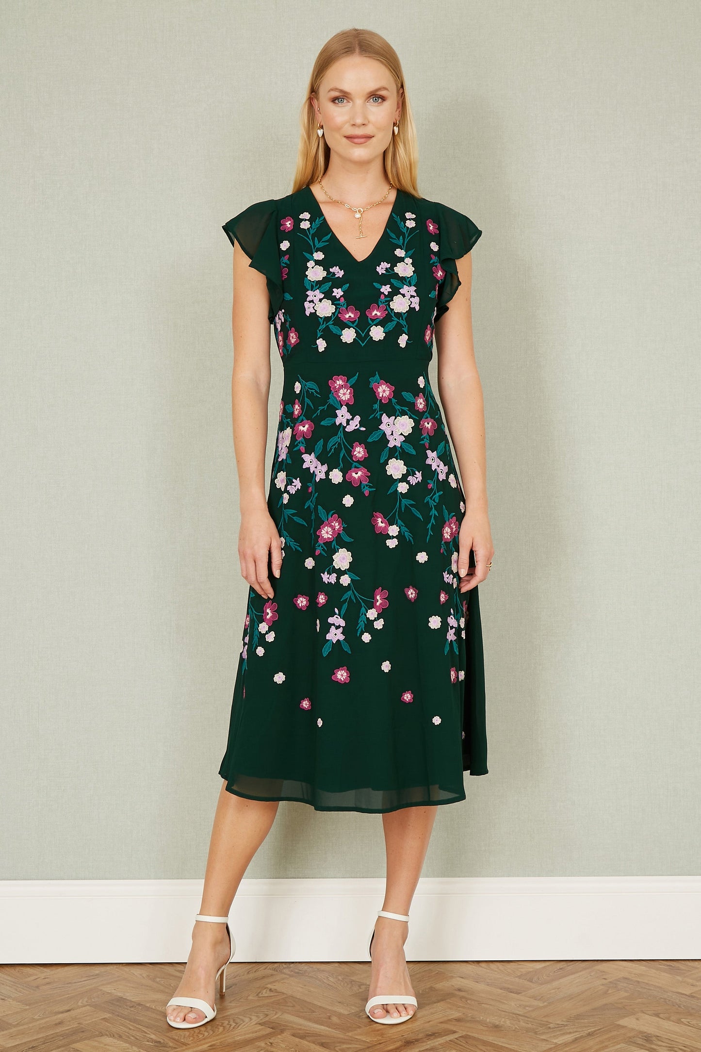 Yumi Green All Over Floral Embroidery Midi Skater Dress