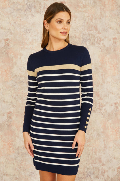 Yumi Navy Striped Knitted Dress With Button Cuff Detail