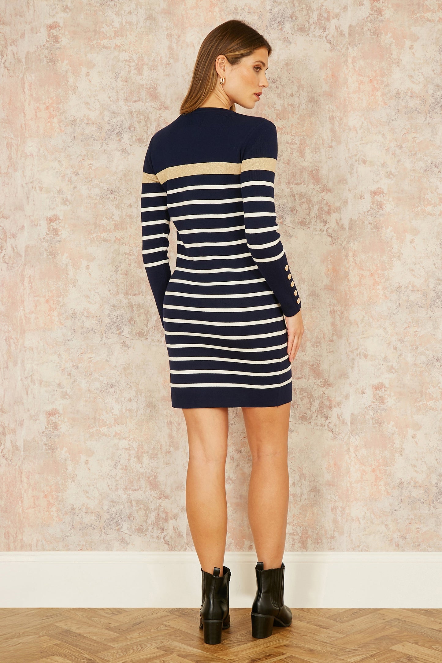 Yumi Navy Striped Knitted Dress With Button Cuff Detail