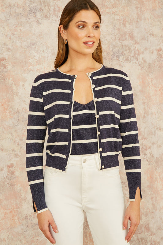 Yumi Navy Striped Sparkle Knitted Cardigan