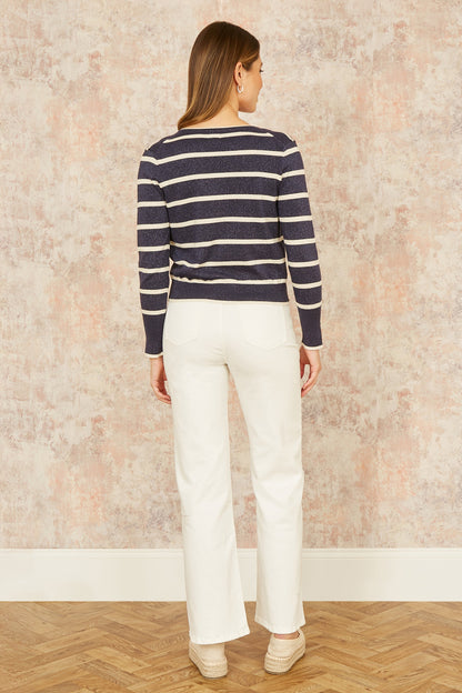 Yumi Navy Striped Sparkle Knitted Cardigan