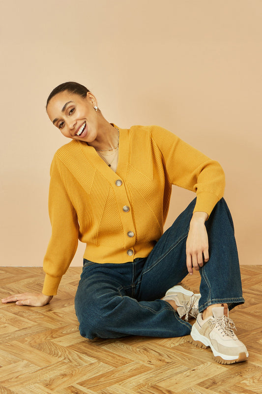 Yumi Mustard Relaxed Fit Cardigan With Stitch Detail