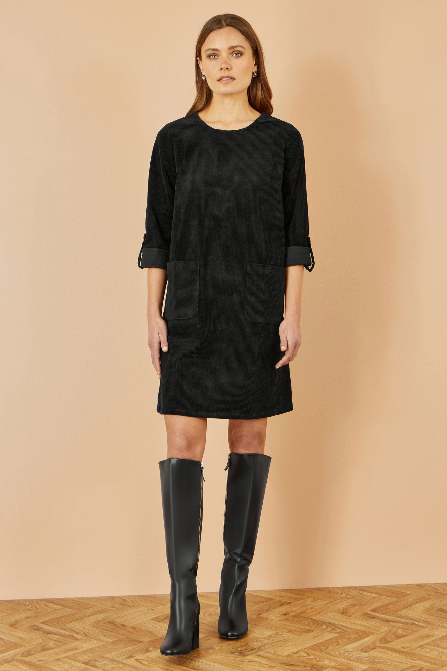Yumi Black Cord Tunic Dress With 3/4 Sleeves And Pockets