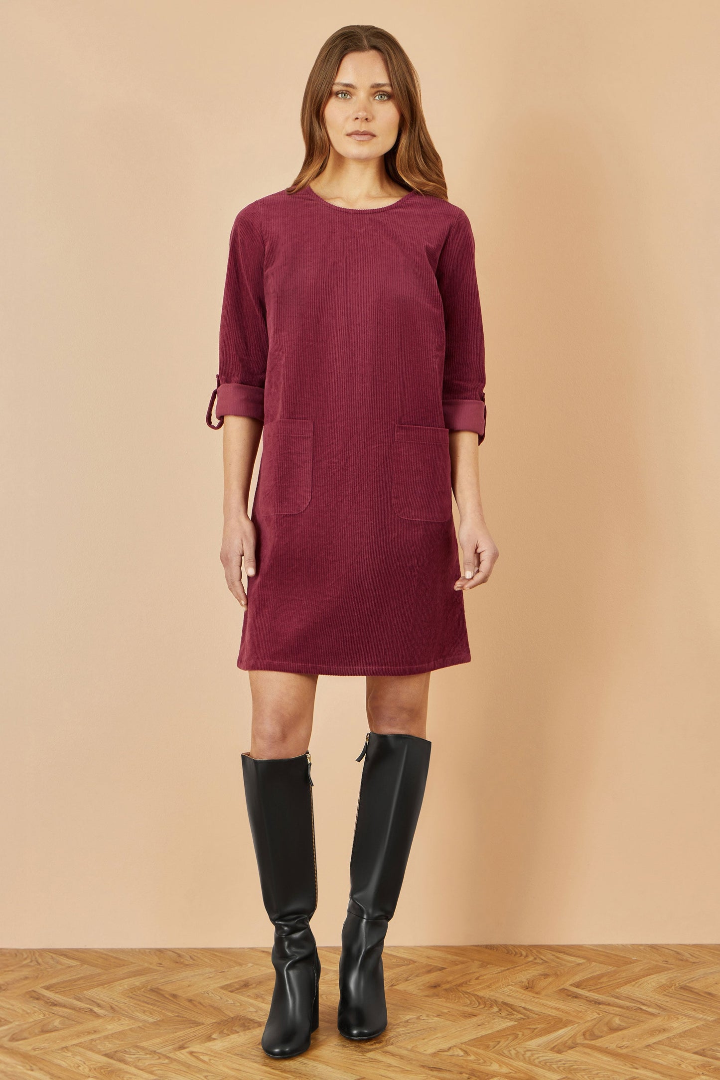 Yumi Burgundy Cord Tunic Dress With 3/4 Sleeves And Pockets