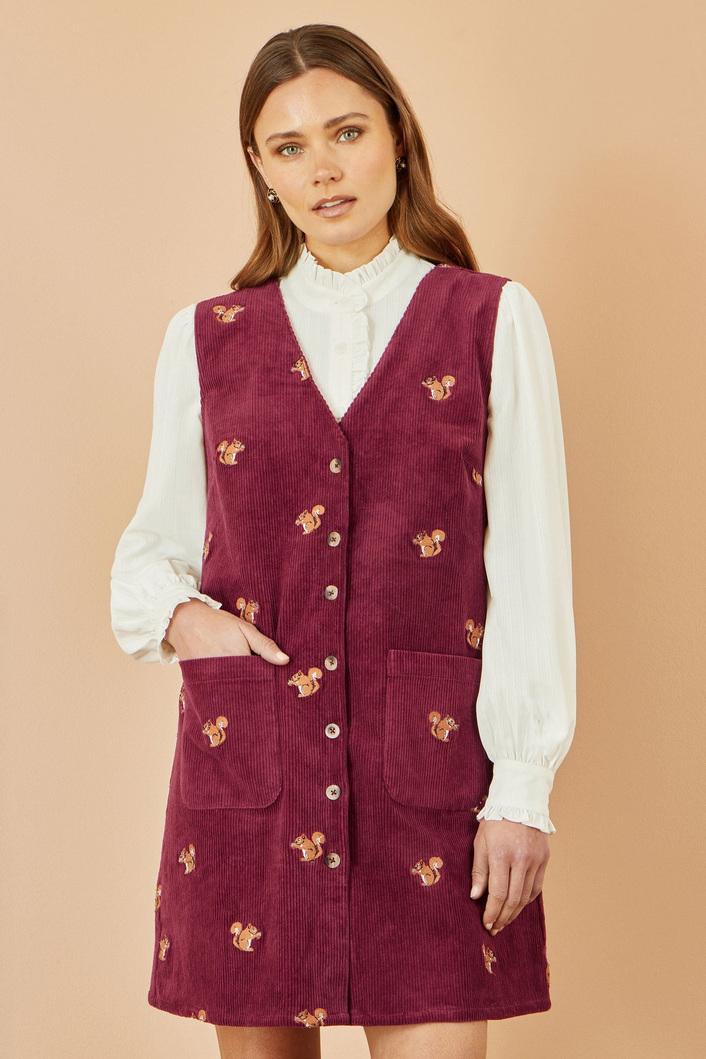 Yumi Burgundy Squirrel Embroidered Button Up Pinafore Dress