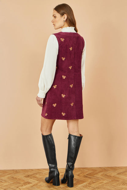 Yumi Burgundy Squirrel Embroidered Button Up Pinafore Dress