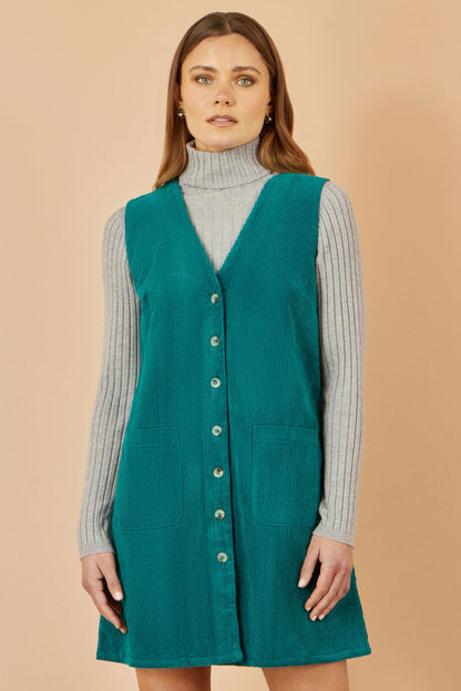 Yumi Teal Cord Button Through Pinafore Dress With Pockets