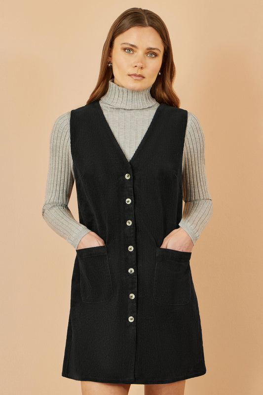 Yumi Black Cord Button Through Pinafore Dress With Pockets