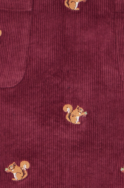 Yumi Burgundy Corduroy Embroidered Squirrel Mini Skirt