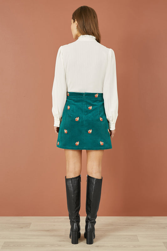 Yumi Teal Fox Embroidered Cord Mini Skirt