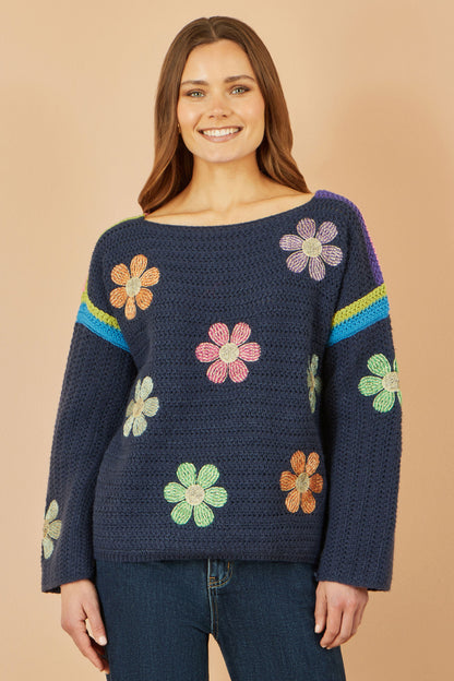 Yumi Navy Crochet Flower Jumper