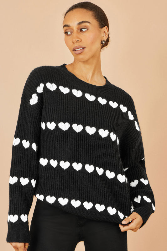 Yumi Black Knitted Jumper With Heart Stripes