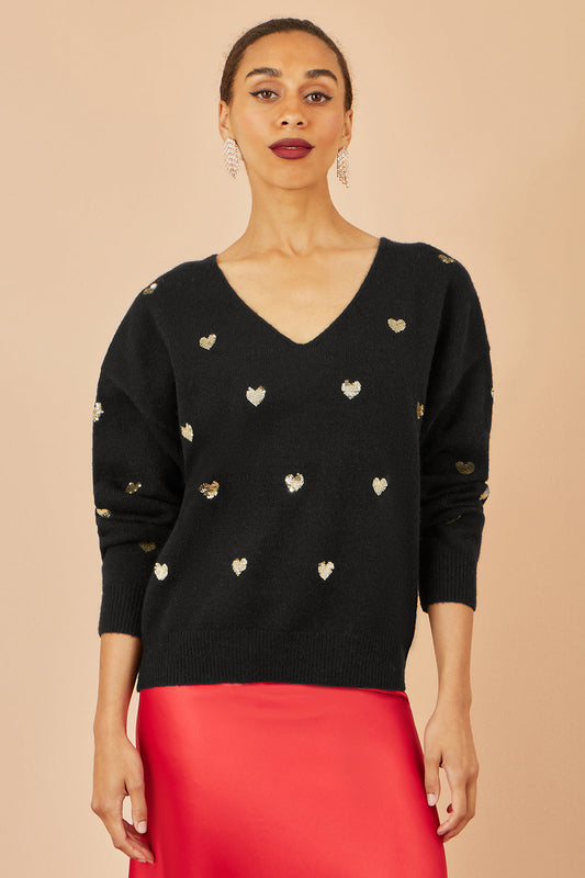 Yumi Black Sequin Heart V Neck Jumper