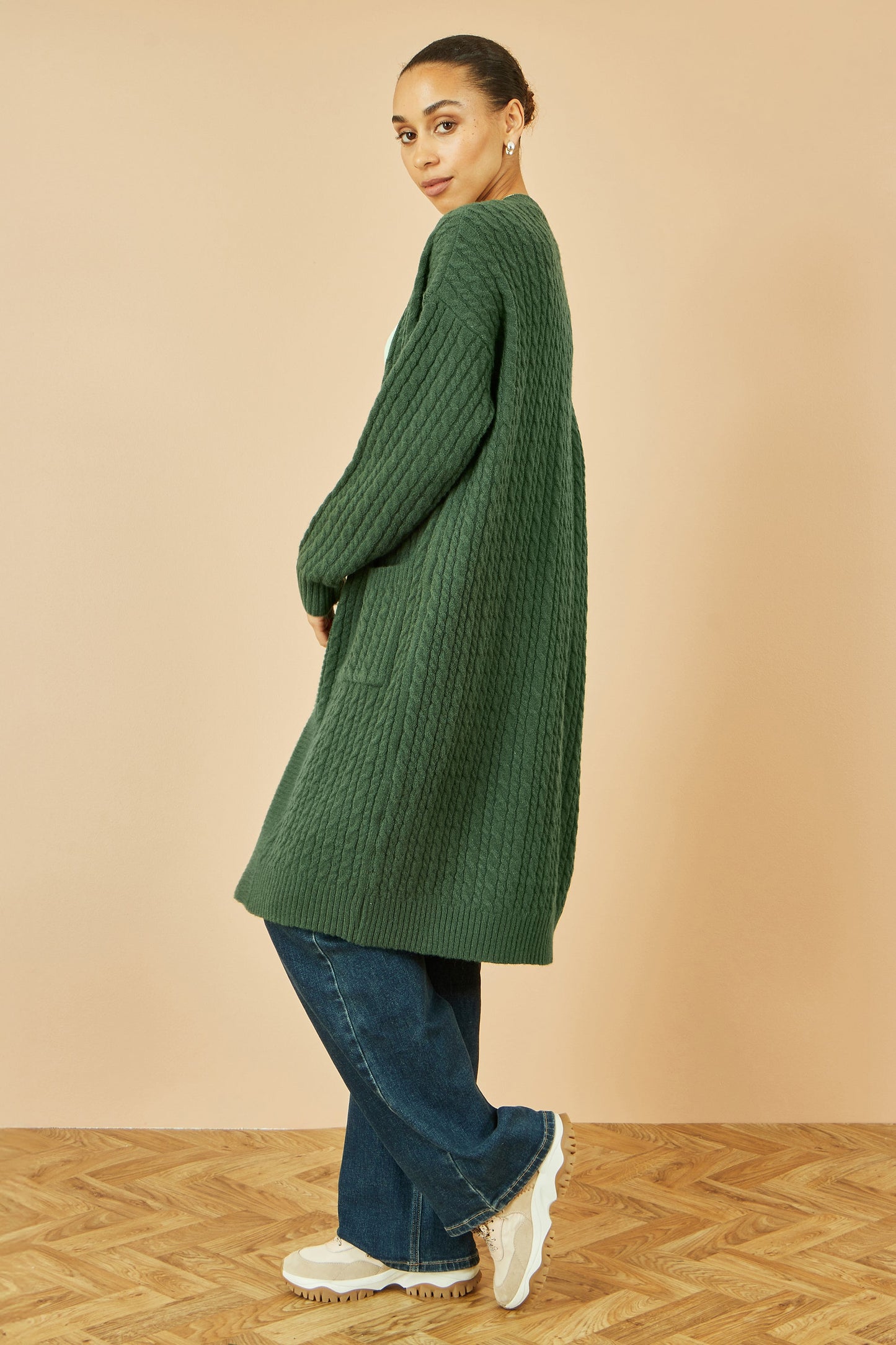 Yumi Green Cable Knit Edge to Edge Long Cardigan With Pockets