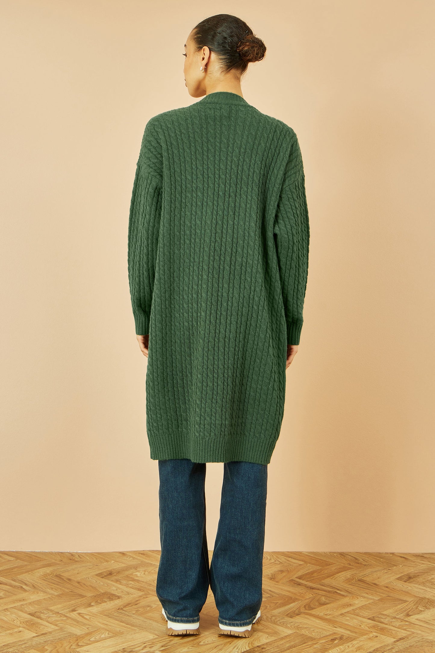 Yumi Green Cable Knit Edge to Edge Long Cardigan With Pockets