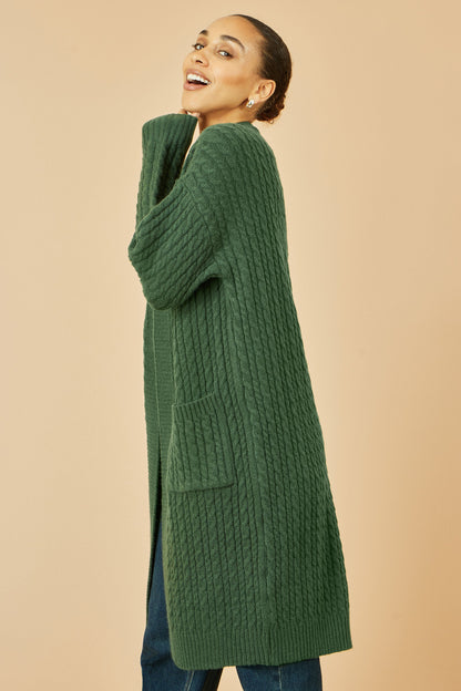 Yumi Green Cable Knit Edge to Edge Long Cardigan With Pockets
