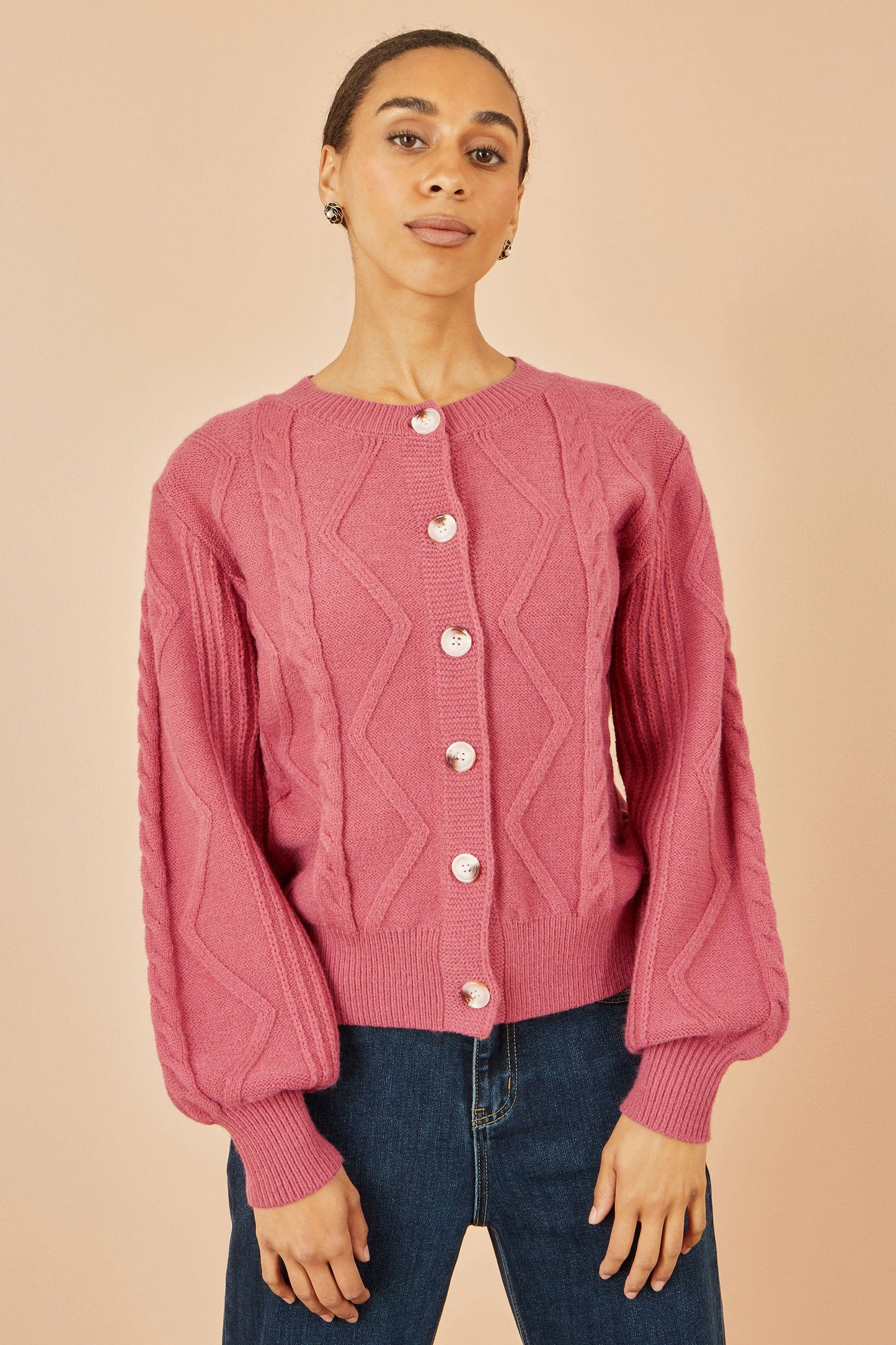 Yumi Pink Relaxed Fit Cable Cardigan