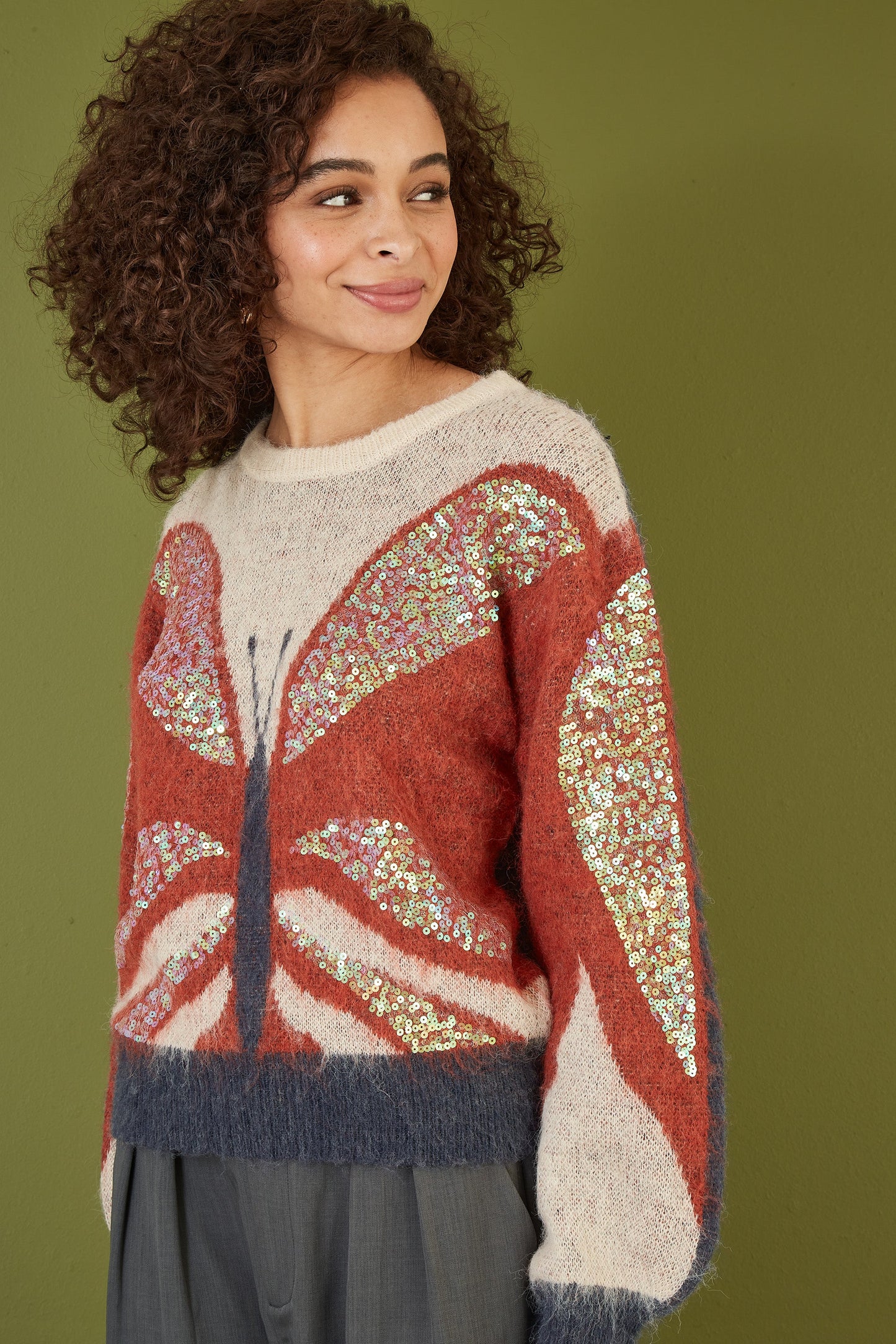 Yumi Cream Butterfly Sequin Knitted Jumper