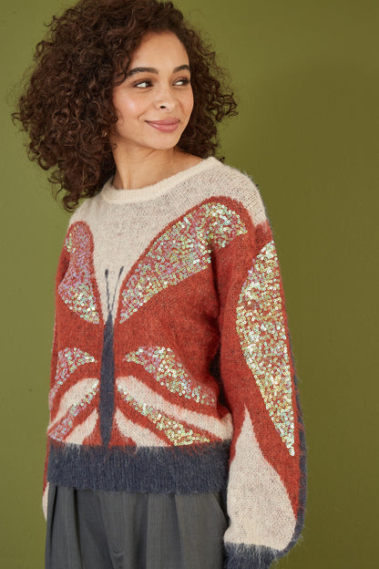 Yumi Cream Butterfly Sequin Knitted Jumper