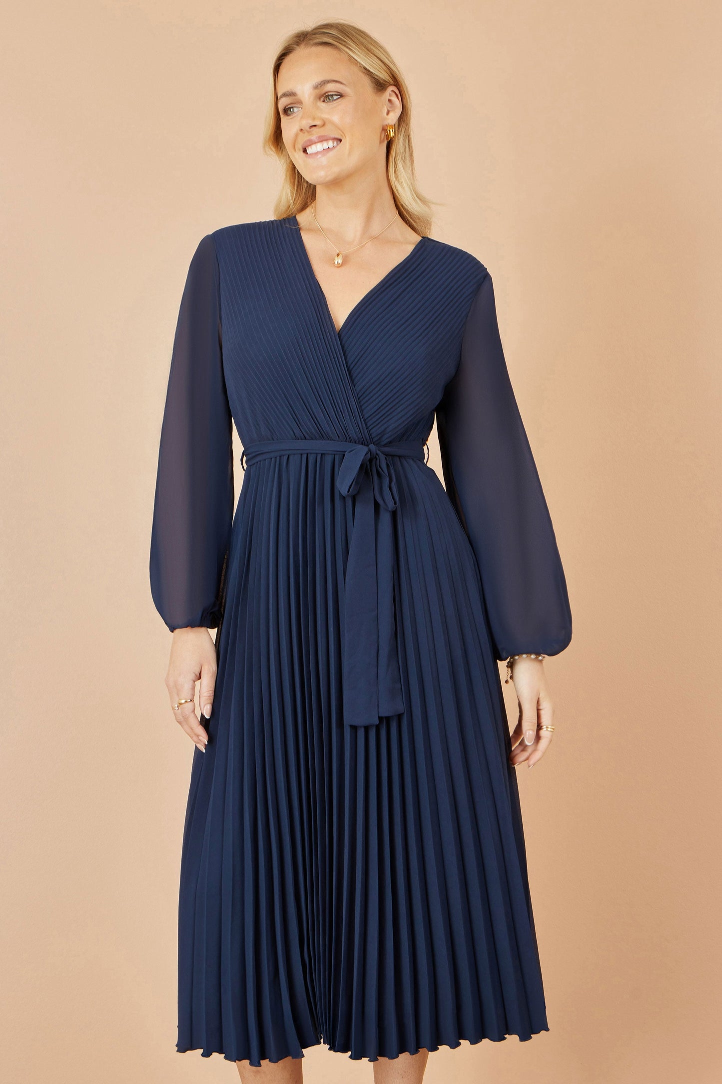 Yumi Navy Pleated Wrap Midi Dress With Sheer Long Sleeves