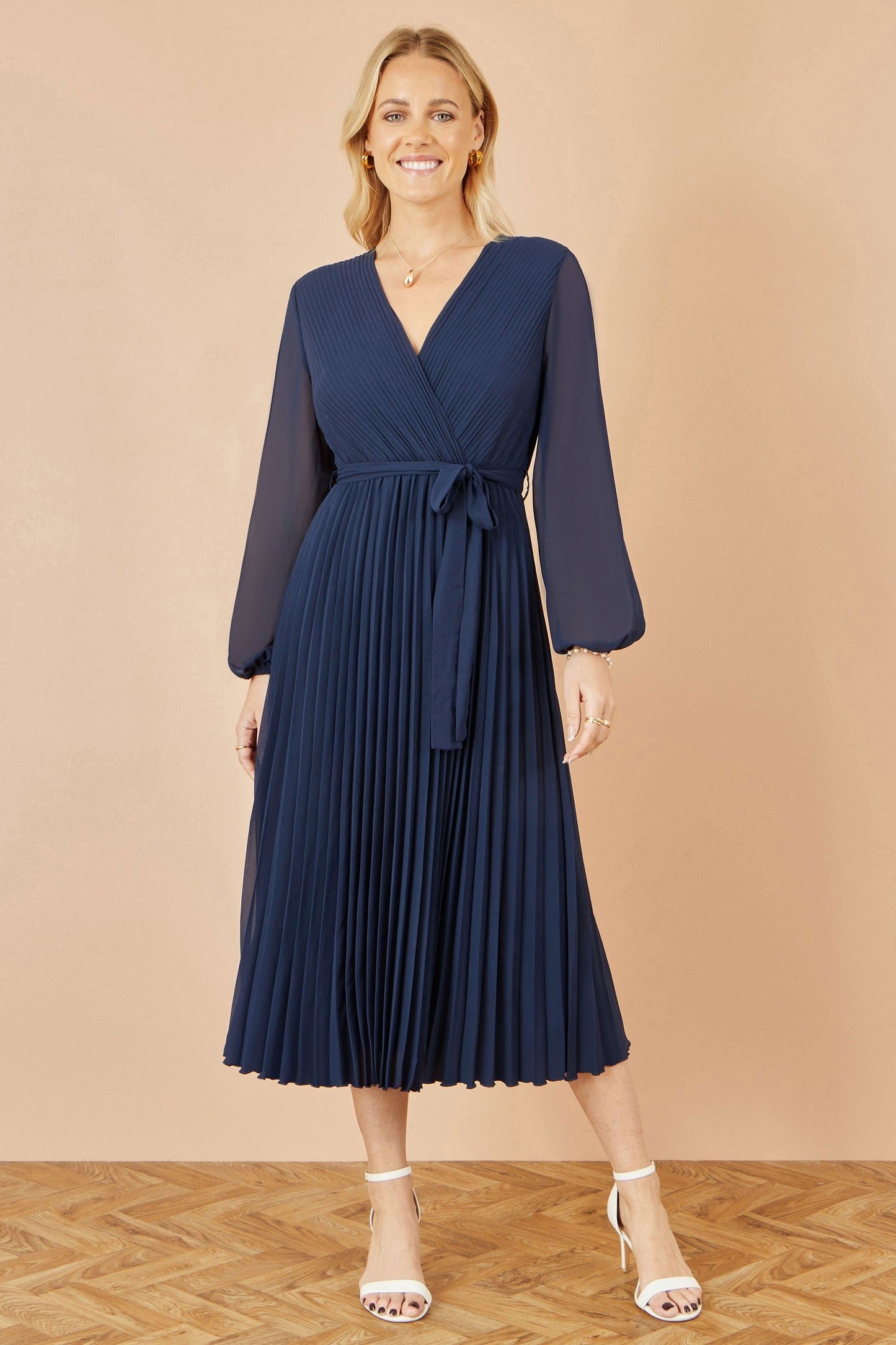 Yumi Navy Pleated Wrap Midi Dress With Sheer Long Sleeves