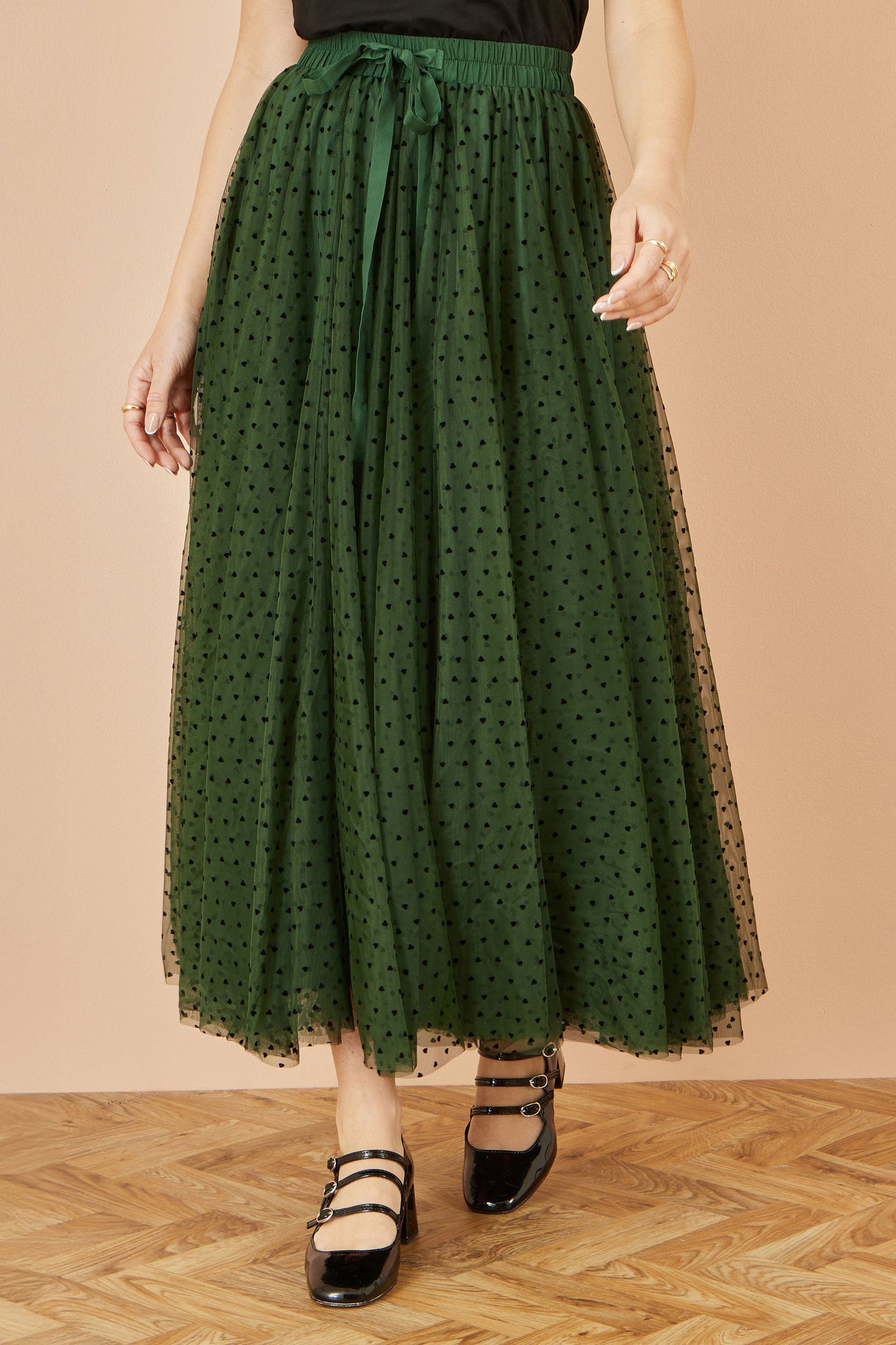 Yumi Green Mesh Heart Print Tulle Skirt