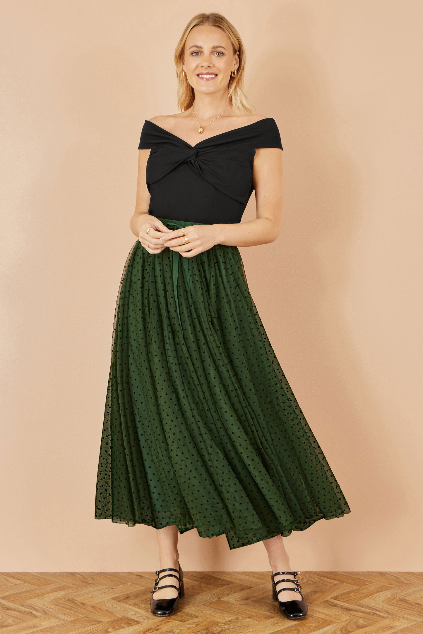 Yumi Green Mesh Heart Print Tulle Skirt