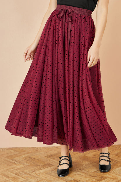 Yumi Burgundy Mesh Heart Print Tulle Skirt
