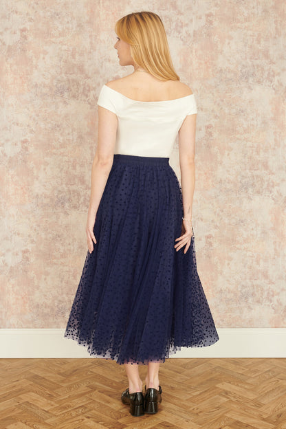Yumi Navy Mesh Heart Print Tulle Skirt