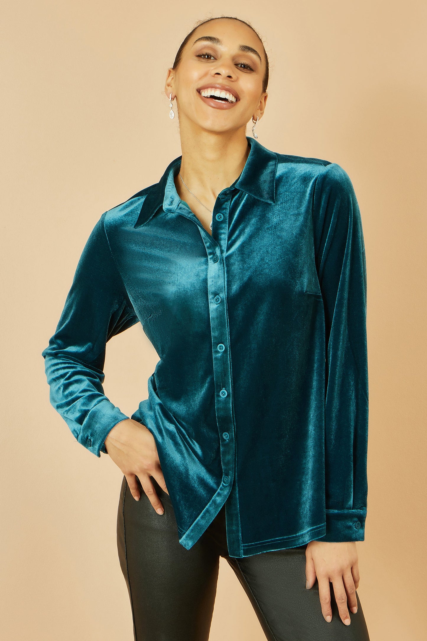 Yumi Teal Velvet Relaxed Fit Shirt