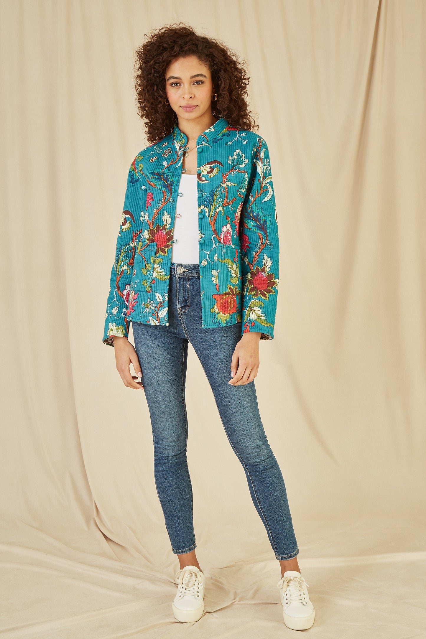 Yumi Teal Floral Print Reversible Cotton Quilted Jacket