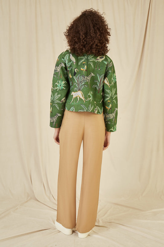 Yumi Green Animal Print Reversible Cotton Cropped Quilted Jacket