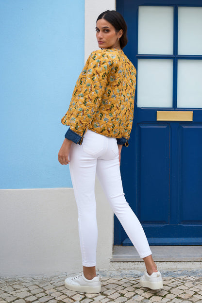 Yumi Blue Chambray Quilted Jacket With Reversible Floral Lining