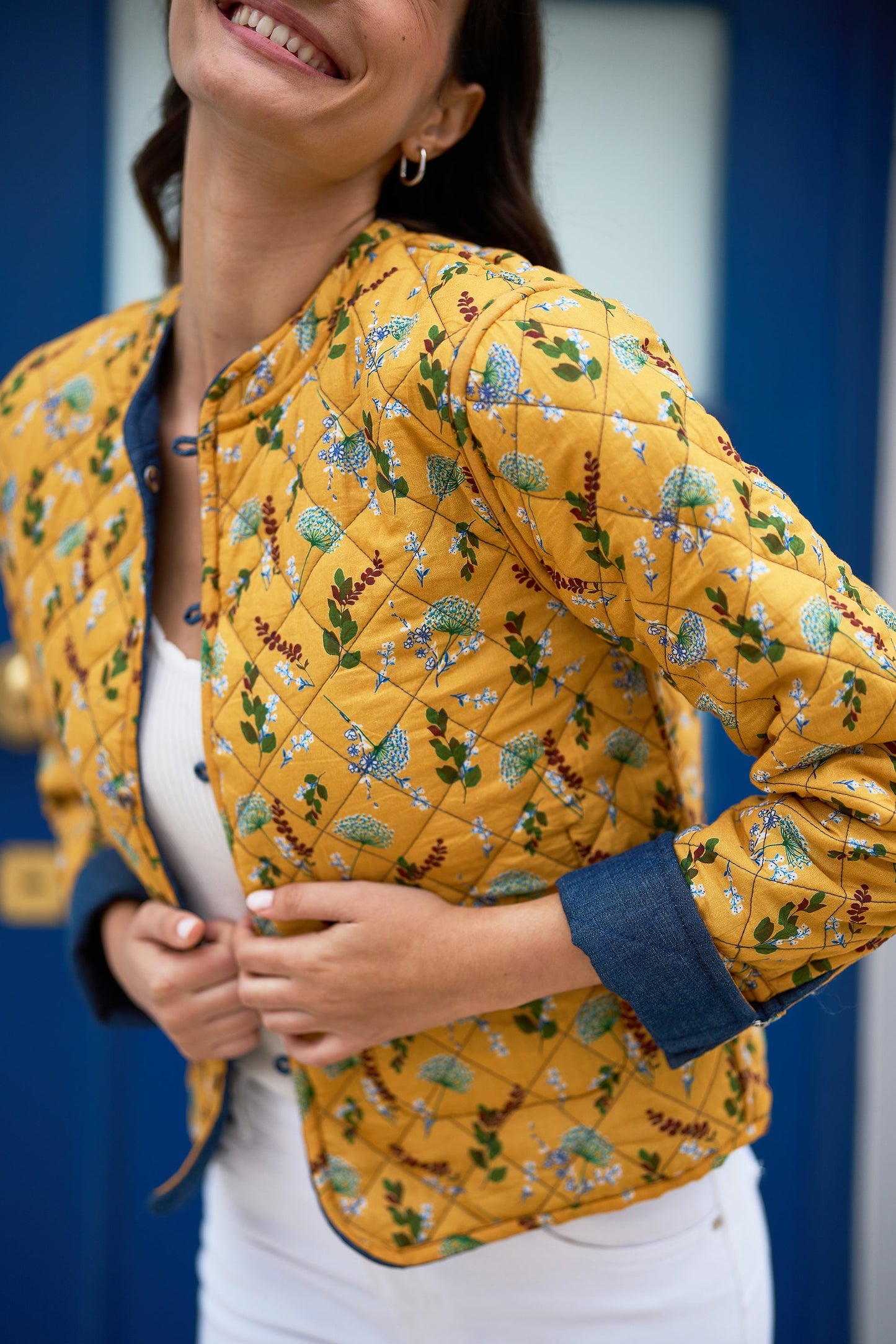 Yumi Blue Chambray Quilted Jacket With Reversible Floral Lining