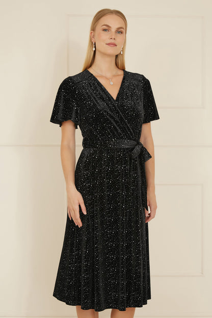 Yumi Black Velvet Sparkle Wrap Midi Dress