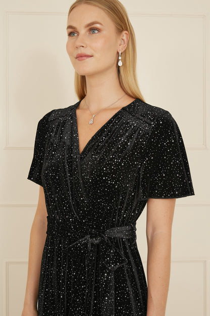 Yumi Black Velvet Sparkle Wrap Midi Dress