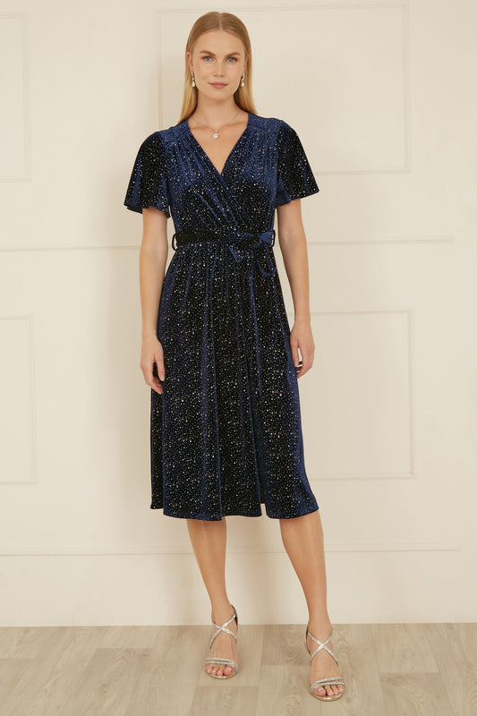 Yumi Navy Velvet Sparkle Wrap Midi Dress