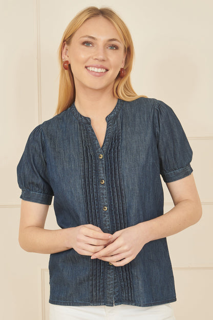 Yumi Blue Chambray Pleated Denim Shirt