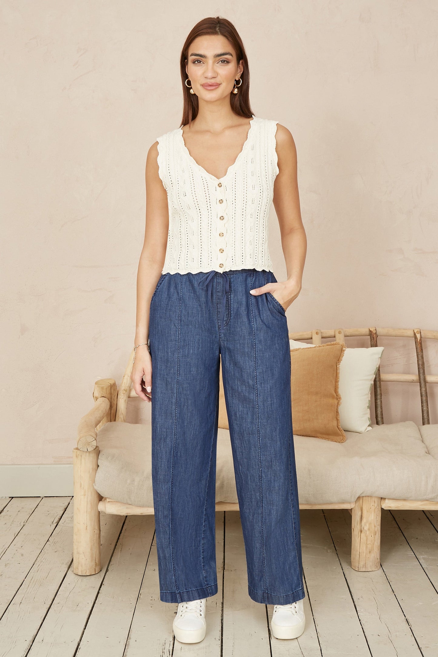 Yumi Blue Chambray Relaxed Fit Wide Leg Trousers