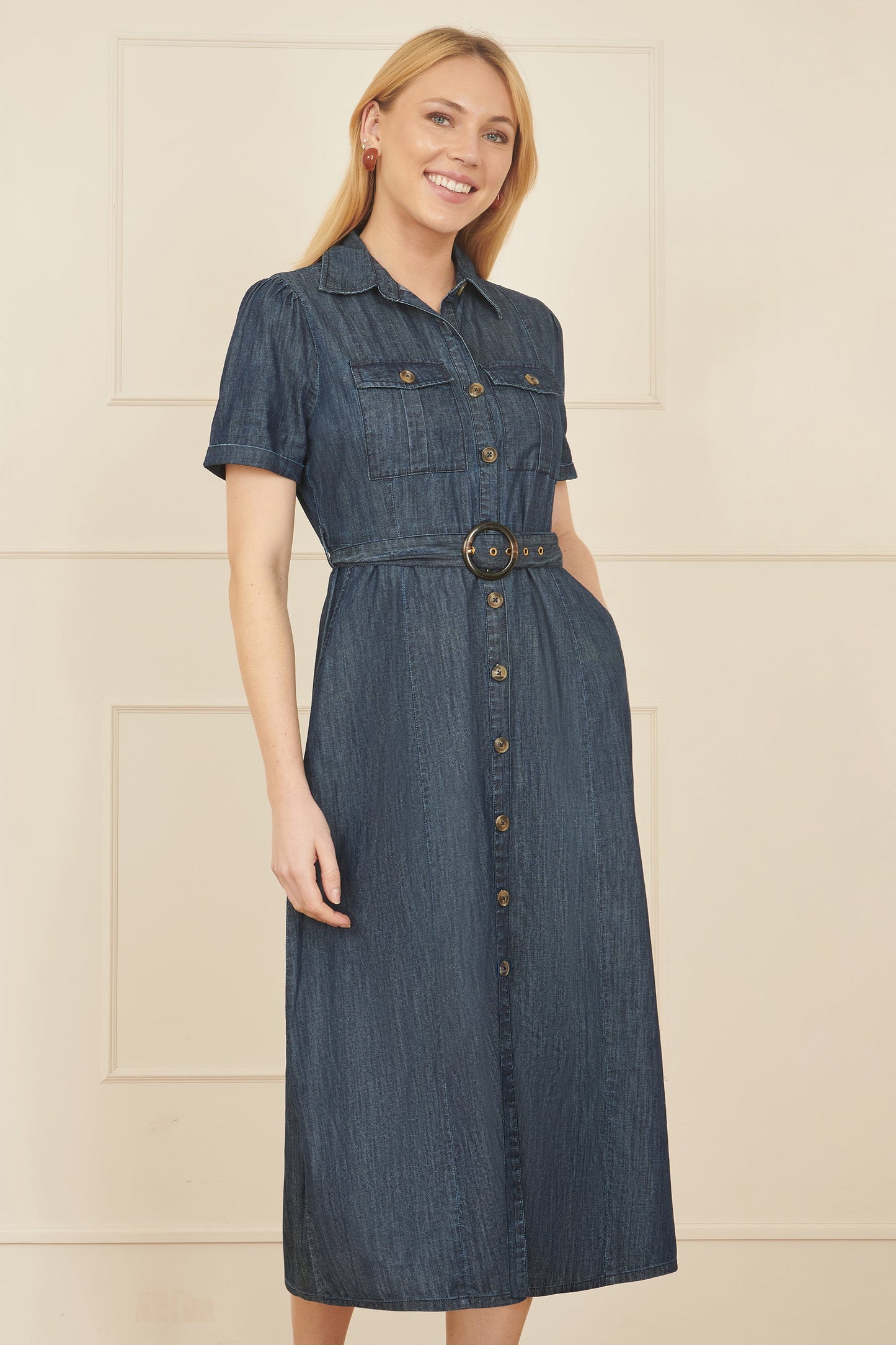 Yumi Blue Chambray Utility Midi Denim Shirt Dress